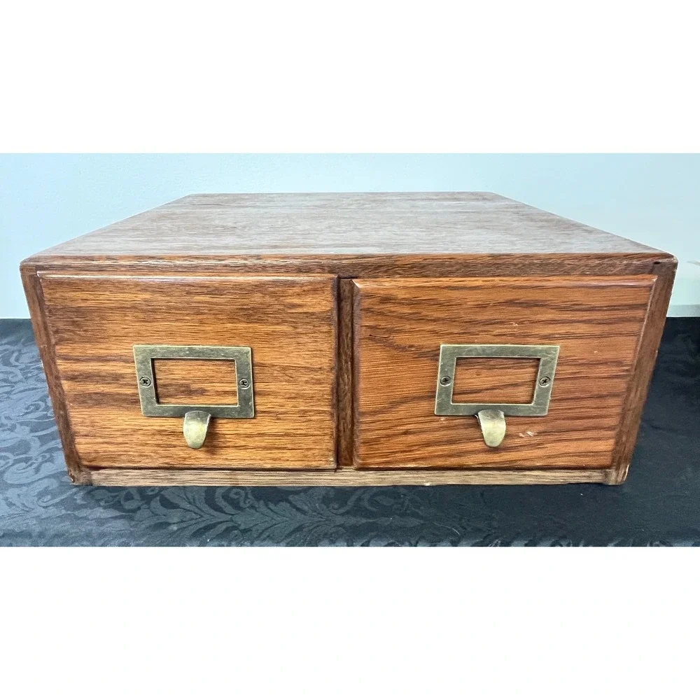 Antique Weis Oak 2 Drawer Card Catalog Desktop File Cabinet Library Storage Box